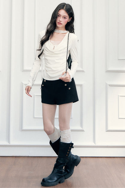 Lace Draped Neckline Long Sleeve Top