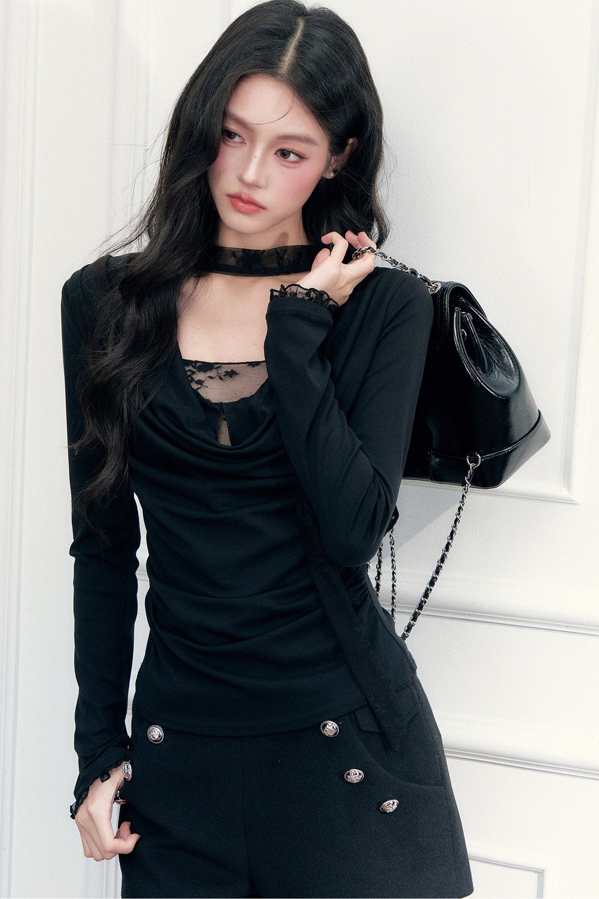 Lace Draped Neckline Long Sleeve Top