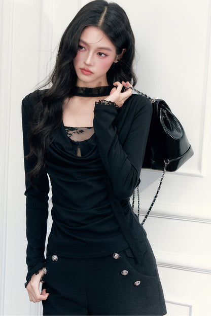Lace Draped Neckline Long Sleeve Top