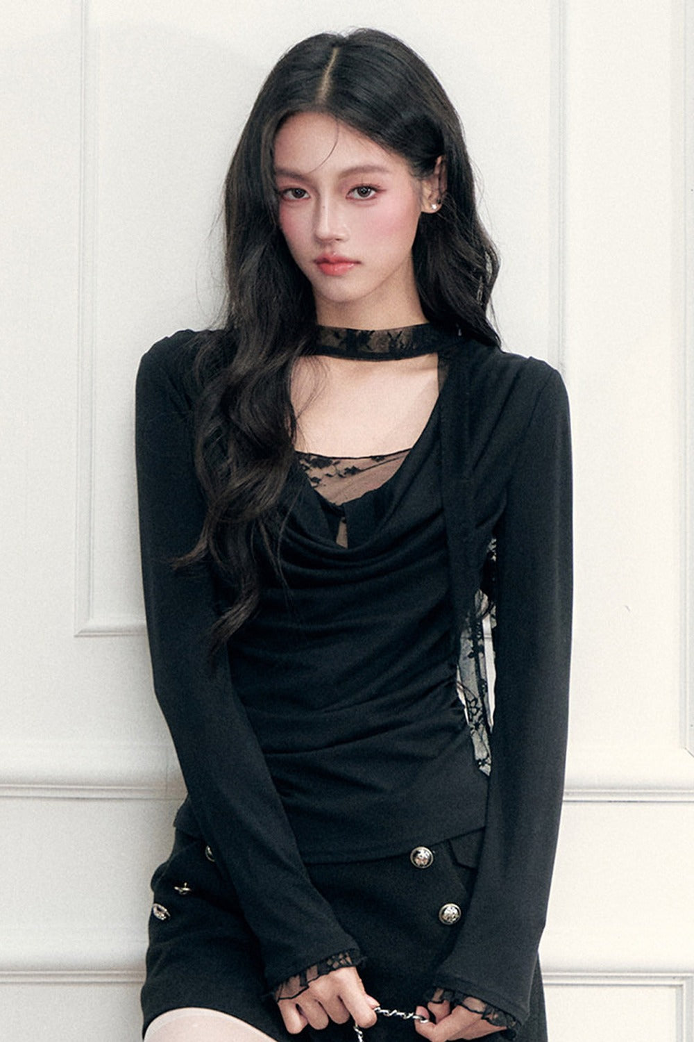 Lace Draped Neckline Long Sleeve Top