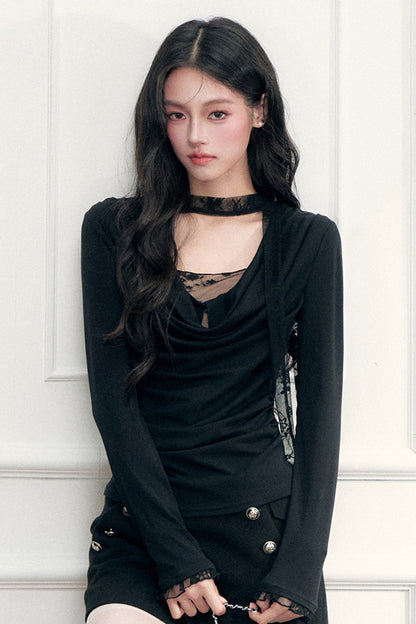 Lace Draped Neckline Long Sleeve Top