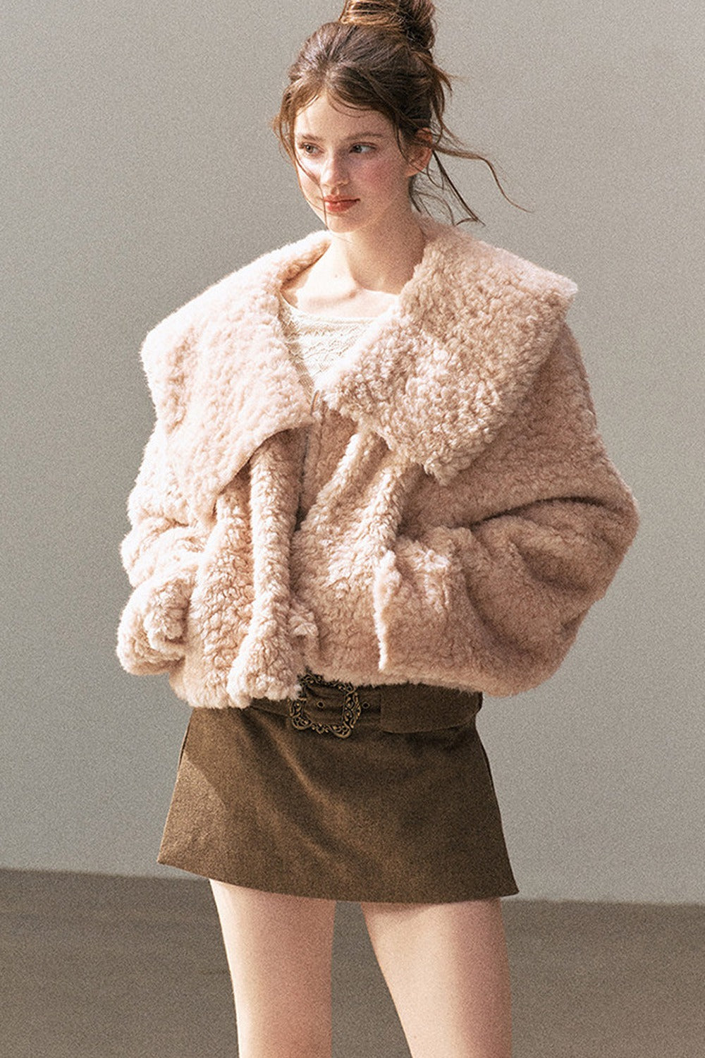 Large Lapel Textured Faux Fur Teddy Jacket
