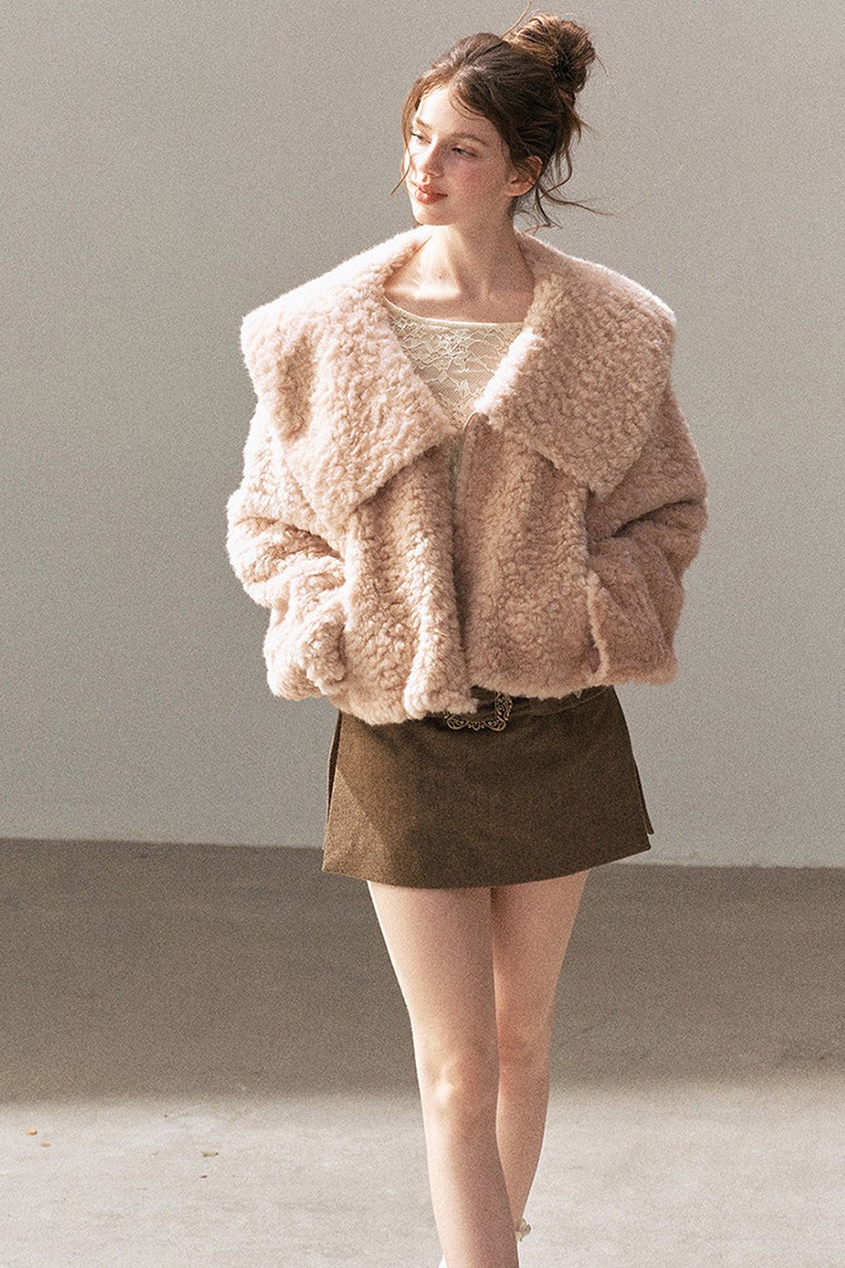 Large Lapel Textured Faux Fur Teddy Jacket