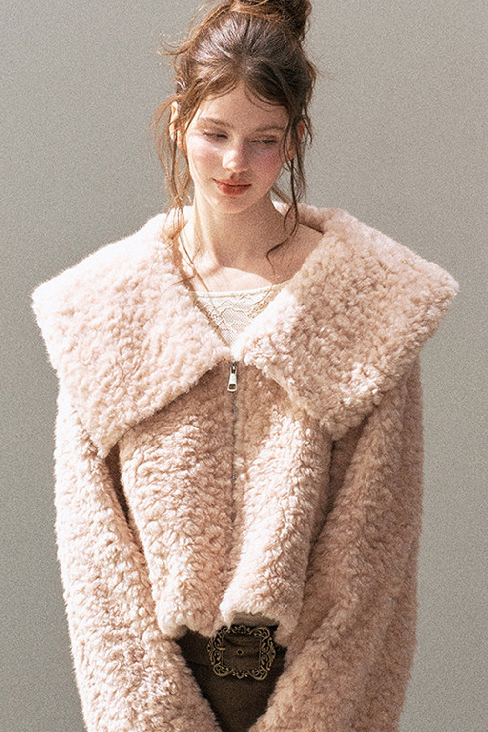 Large Lapel Textured Faux Fur Teddy Jacket