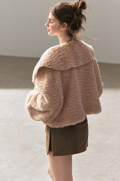 Large Lapel Textured Faux Fur Teddy Jacket