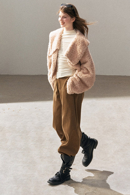 Large Lapel Textured Faux Fur Teddy Jacket