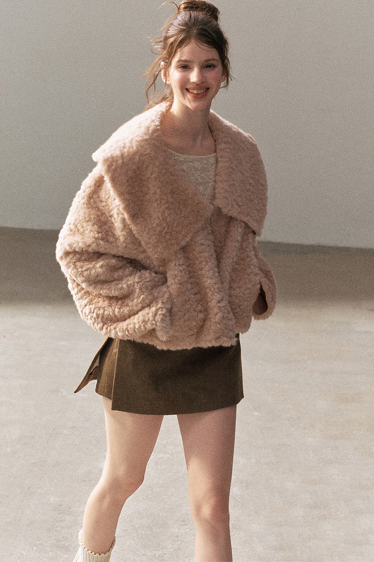 Large Lapel Textured Faux Fur Teddy Jacket