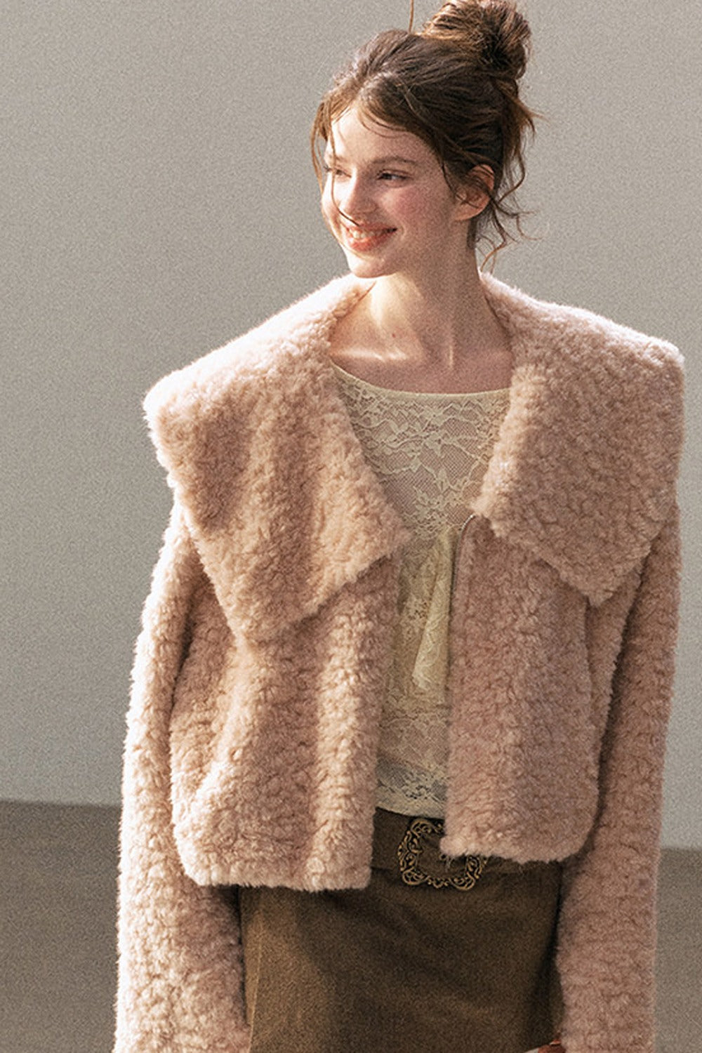 Large Lapel Textured Faux Fur Teddy Jacket