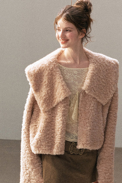 Large Lapel Textured Faux Fur Teddy Jacket