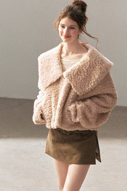 Large Lapel Textured Faux Fur Teddy Jacket