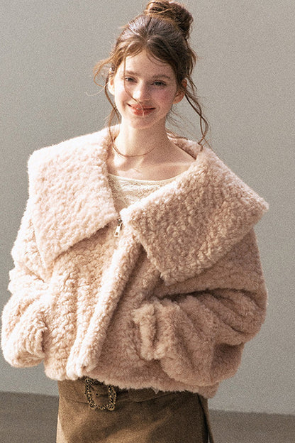 Large Lapel Textured Faux Fur Teddy Jacket