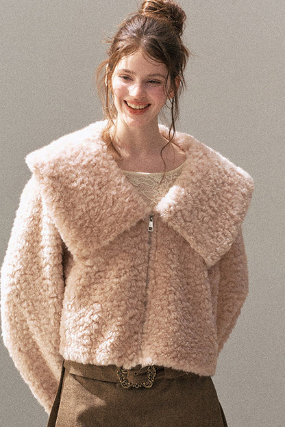 Large Lapel Textured Faux Fur Teddy Jacket