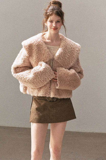 Large Lapel Textured Faux Fur Teddy Jacket