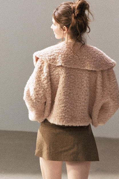 Large Lapel Textured Faux Fur Teddy Jacket