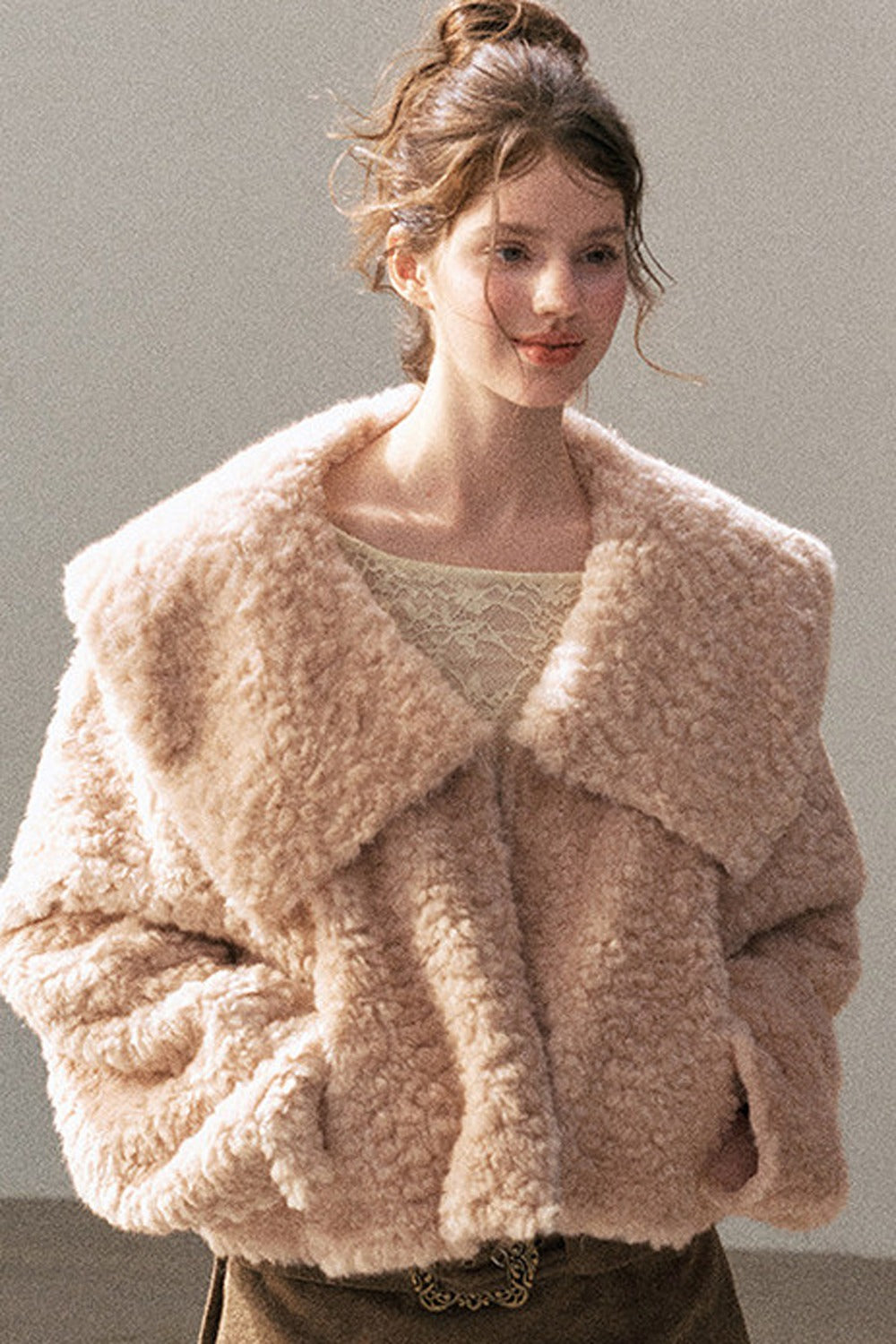 Large Lapel Textured Faux Fur Teddy Jacket