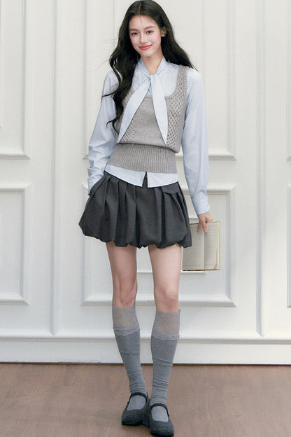Pleated Skirt Shirt Vest Set-Up
