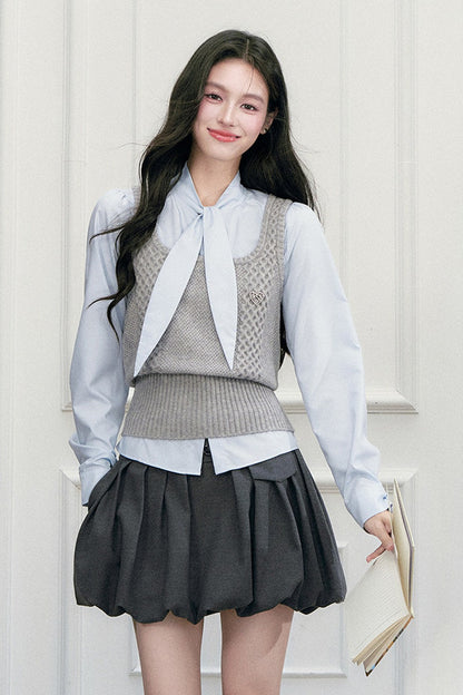 Pleated Skirt Shirt Vest Set-Up