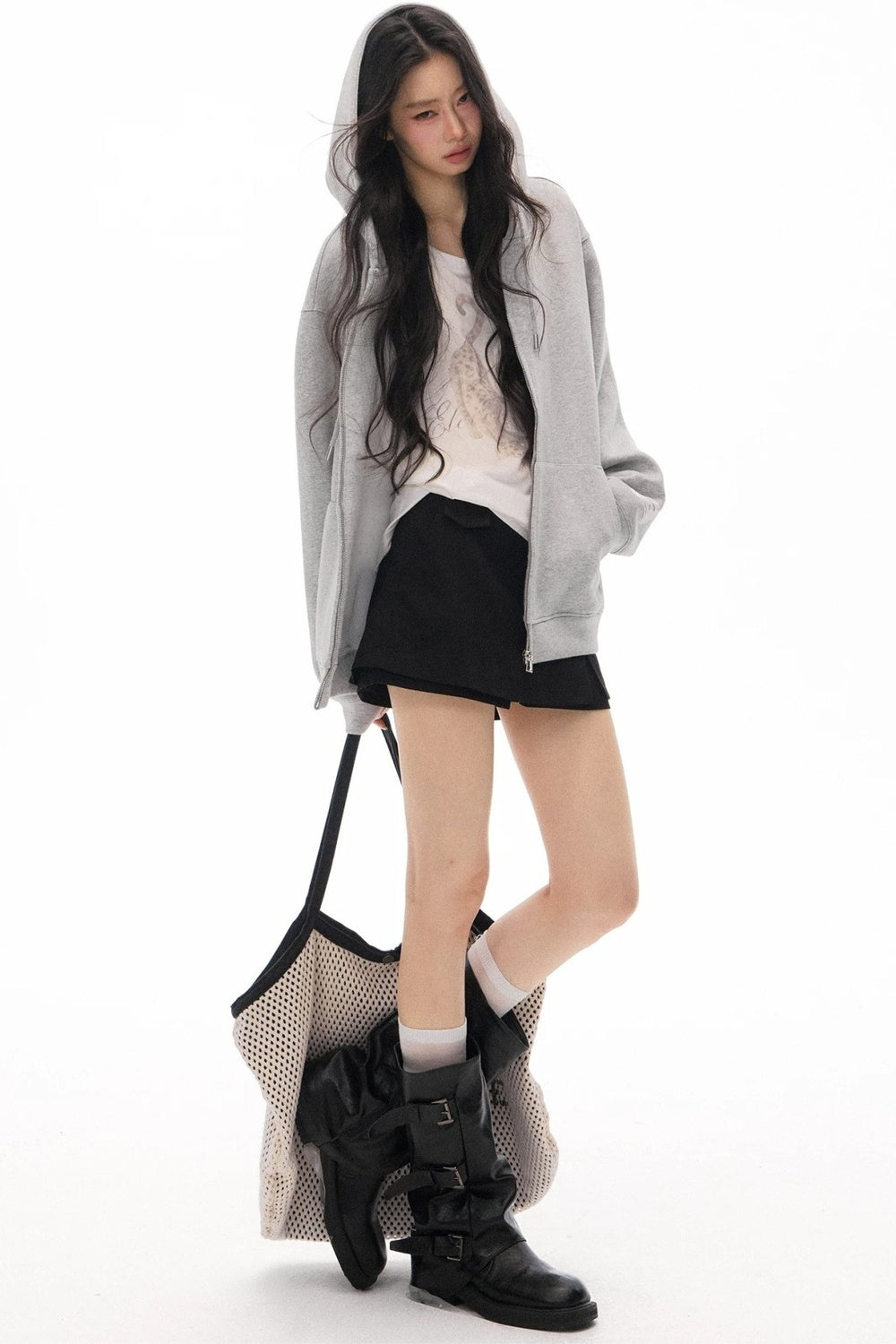 Gray Hooded Jacket and Culottes Set-Up