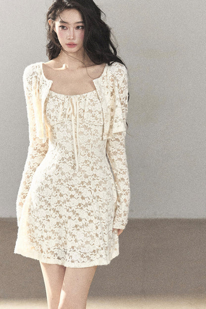 Ensemble robe bouffante ajourée en dentelle et veste