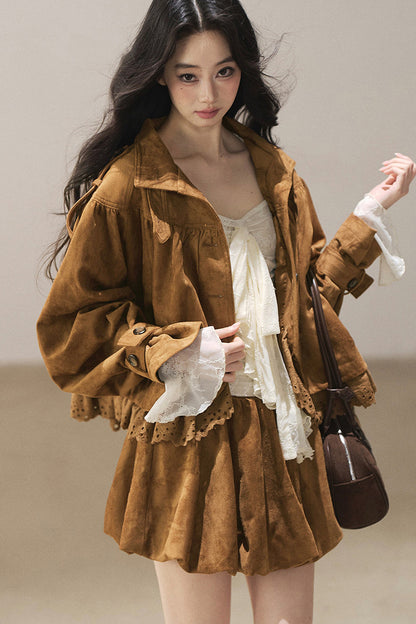 Ensemble veste et jupe en faux daim