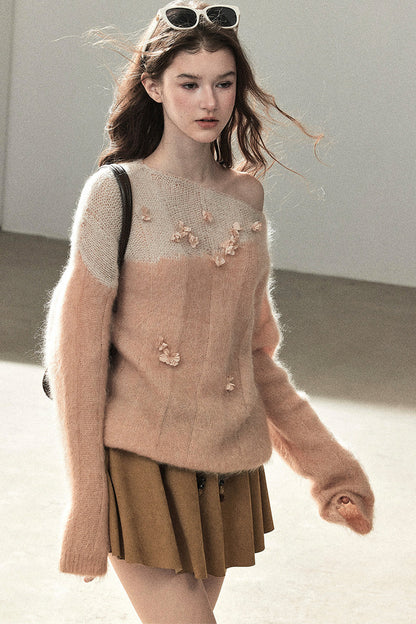 Pull en laine mohair à motif floral