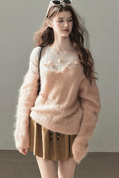 Pull en laine mohair à motif floral