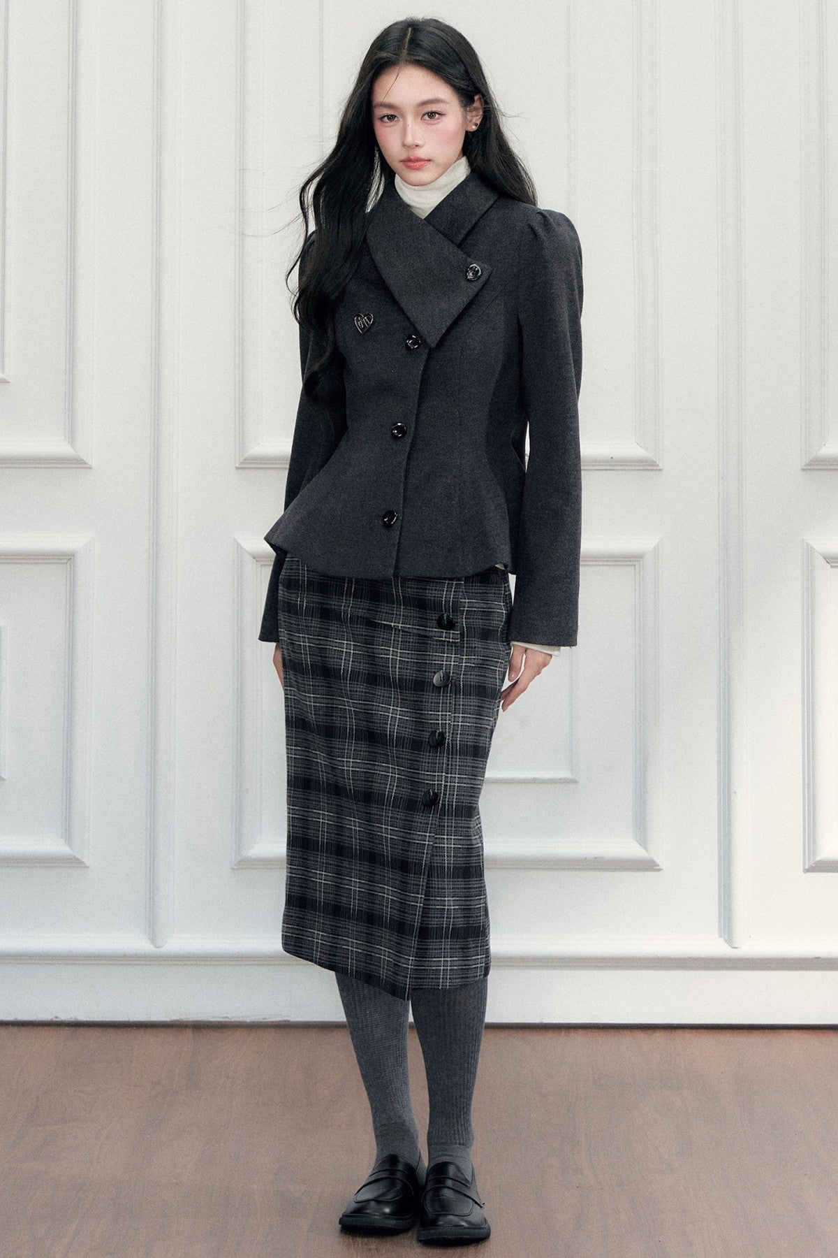Turn-Down Collar Woolen Blazer and Hip-Hugging Long Skirt Set-Up