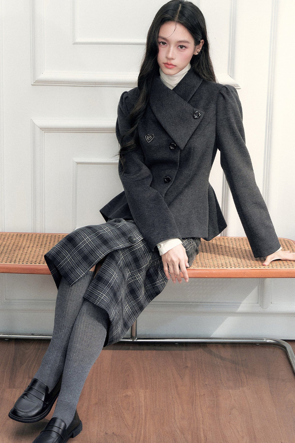 Turn-Down Collar Woolen Blazer and Hip-Hugging Long Skirt Set-Up