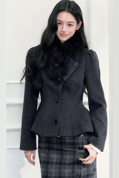 Turn-Down Collar Woolen Blazer and Hip-Hugging Long Skirt Set-Up