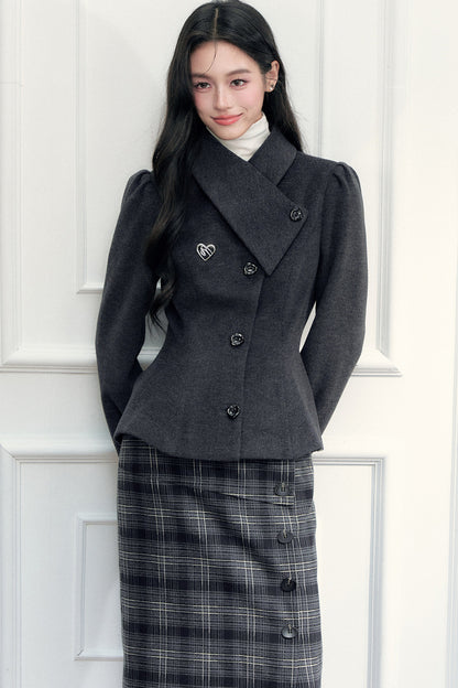 Turn-Down Collar Woolen Blazer and Hip-Hugging Long Skirt Set-Up