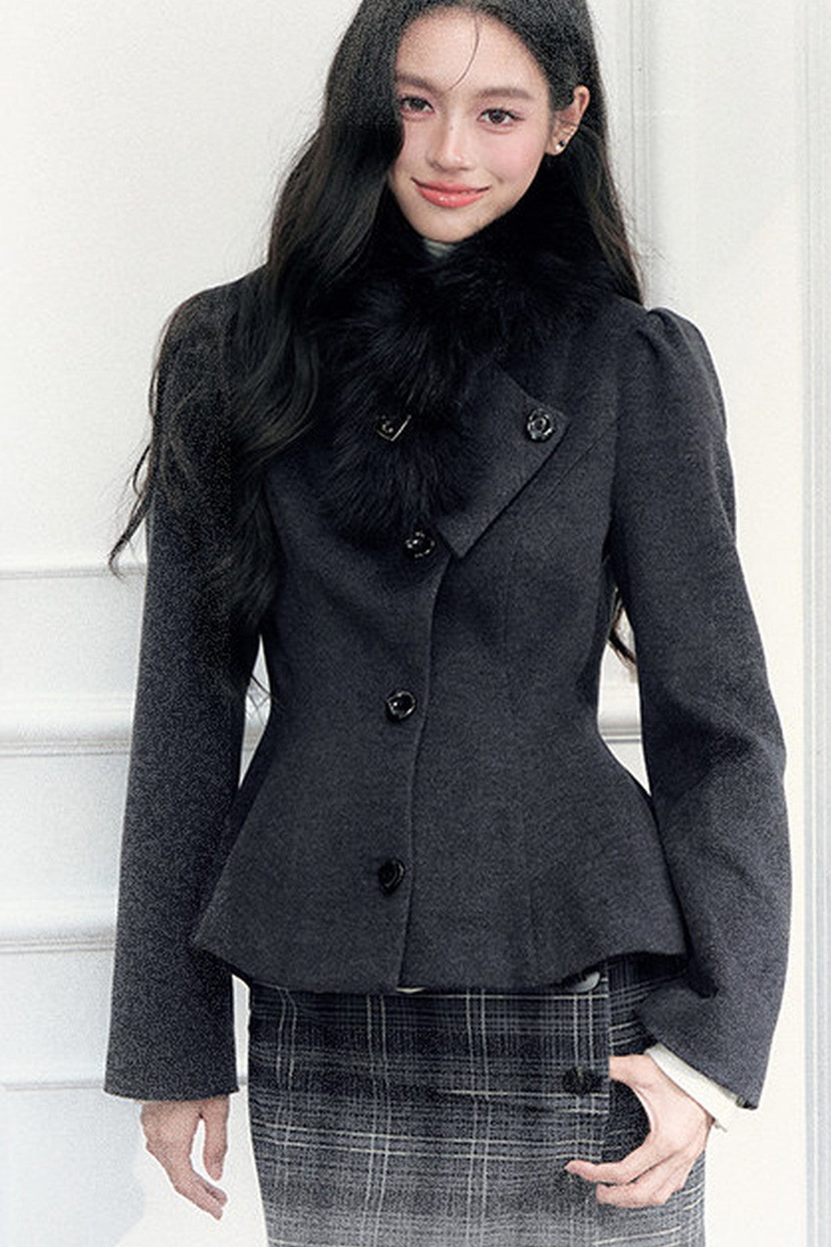 Turn-Down Collar Woolen Blazer and Hip-Hugging Long Skirt Set-Up
