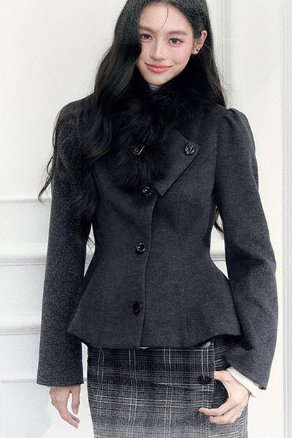 Turn-Down Collar Woolen Blazer and Hip-Hugging Long Skirt Set-Up