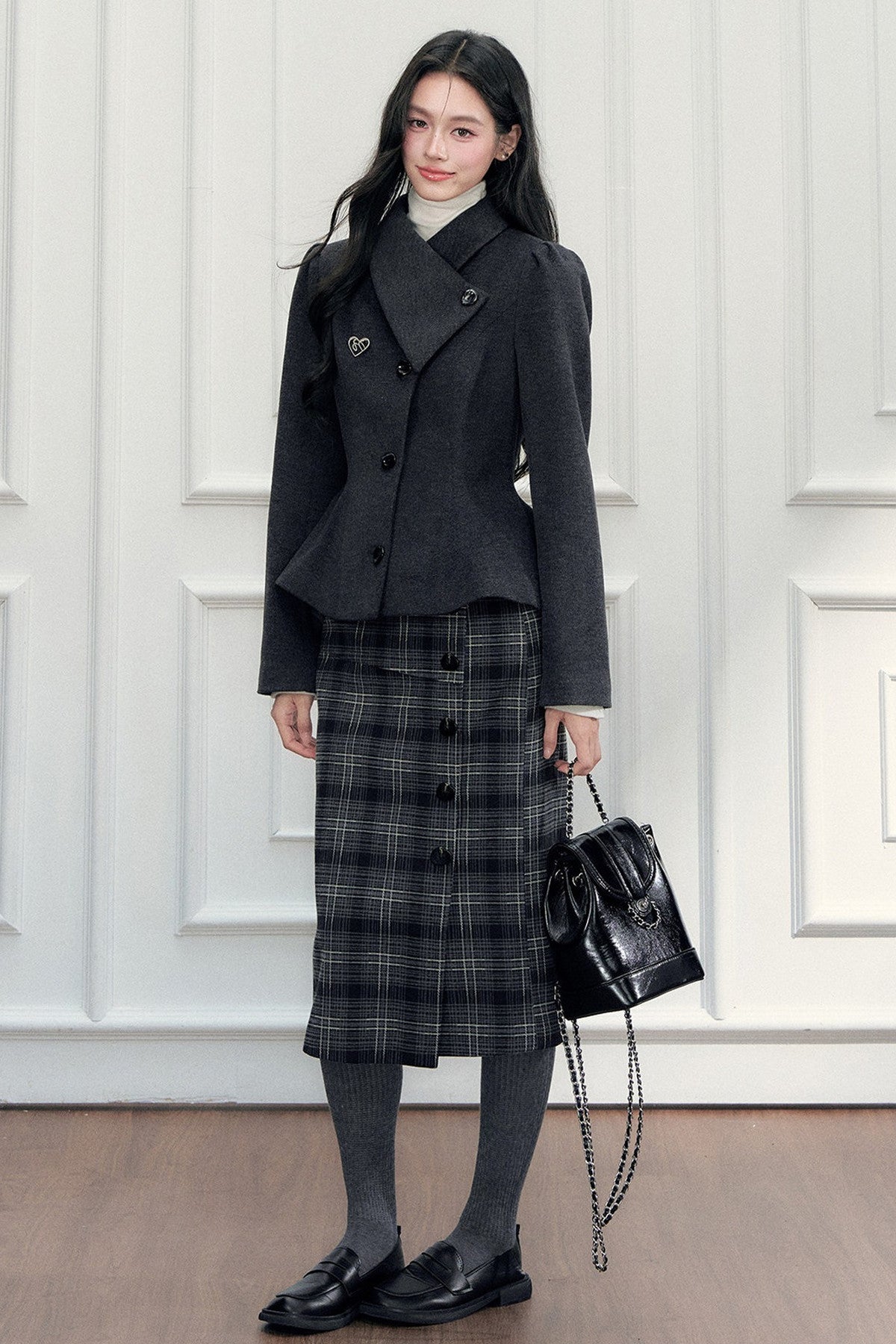 Turn-Down Collar Woolen Blazer and Hip-Hugging Long Skirt Set-Up