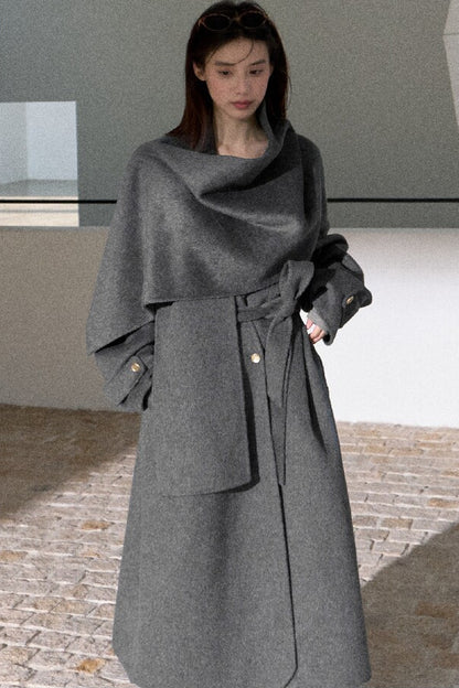 Double-Sided Wool Scarf Collar Coat