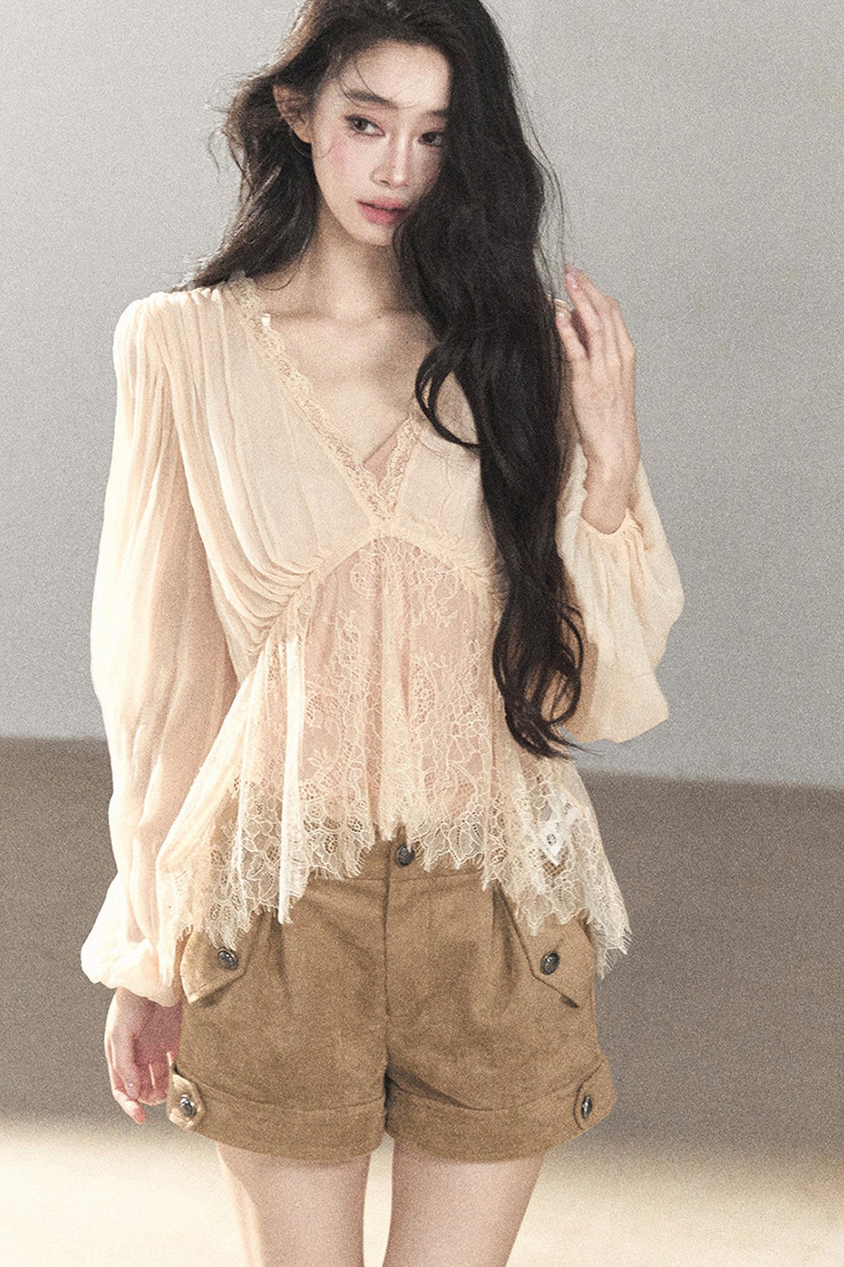 Lace Chiffon Lantern Sleeve Top Set