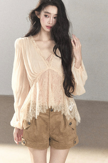 Lace Chiffon Lantern Sleeve Top Set