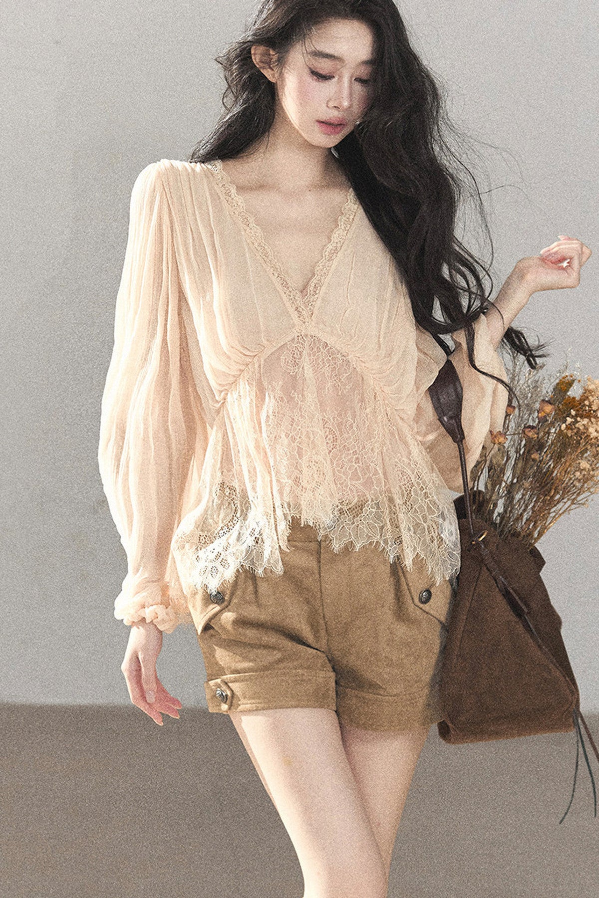 Lace Chiffon Lantern Sleeve Top Set
