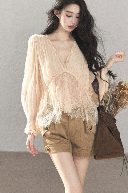 Lace Chiffon Lantern Sleeve Top Set