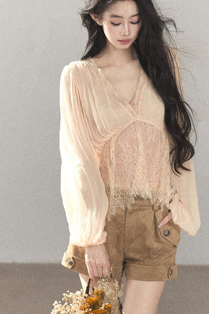Lace Chiffon Lantern Sleeve Top Set