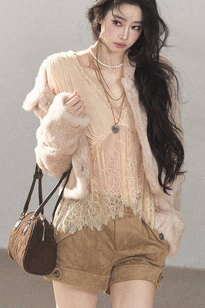 Lace Chiffon Lantern Sleeve Top Set