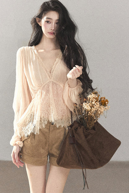 Lace Chiffon Lantern Sleeve Top Set