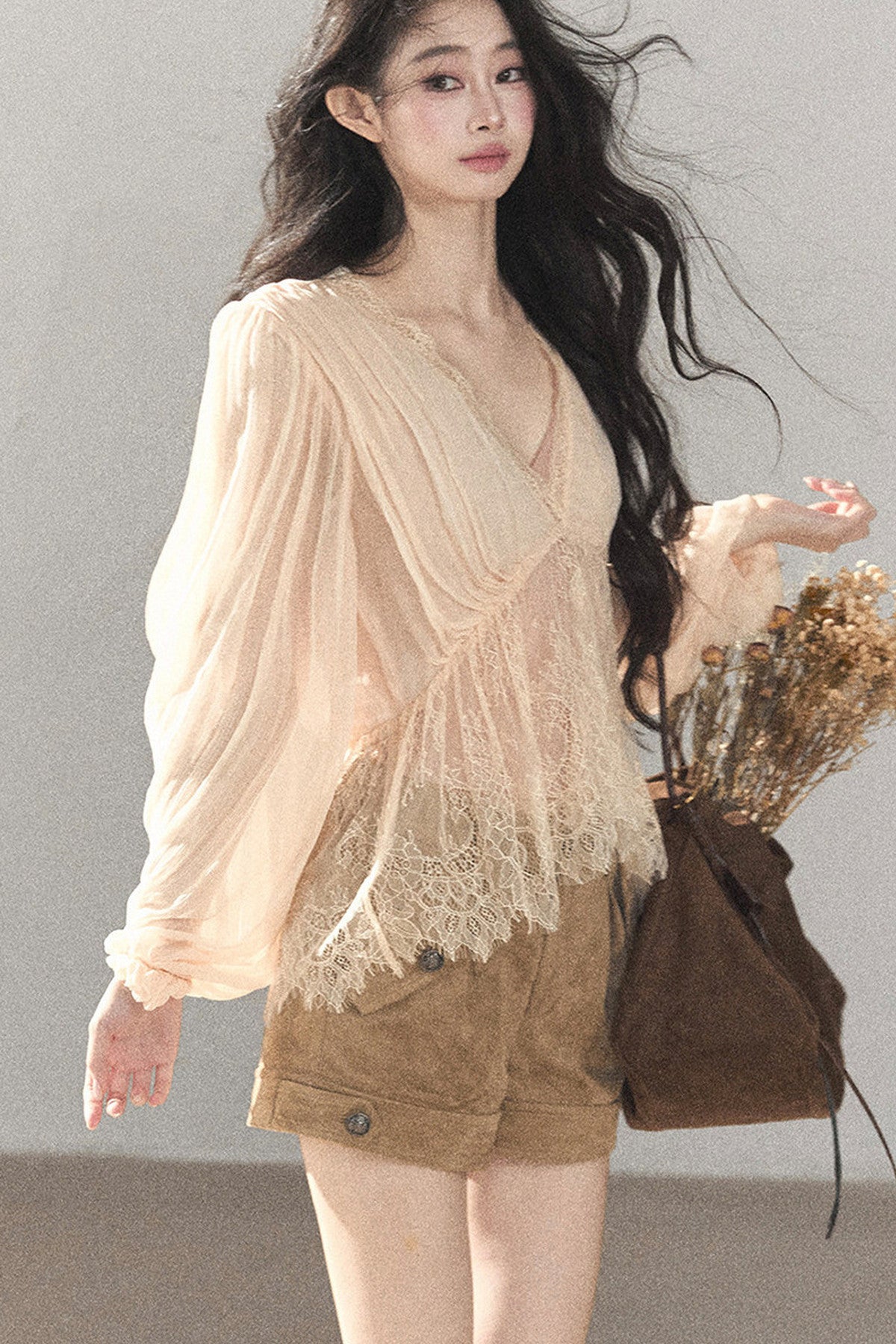 Lace Chiffon Lantern Sleeve Top Set