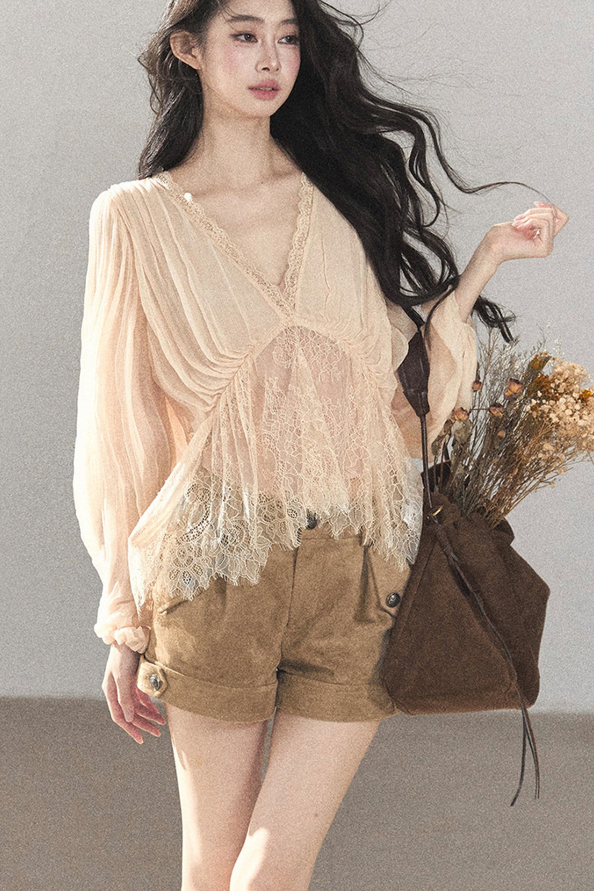 Lace Chiffon Lantern Sleeve Top Set
