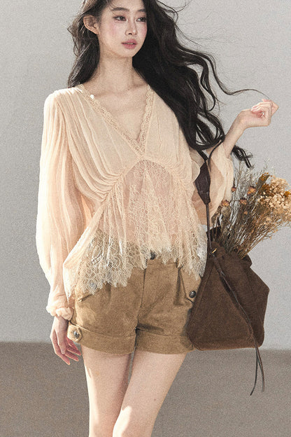 Lace Chiffon Lantern Sleeve Top Set