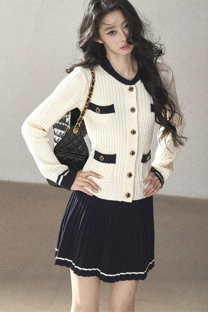 Ensemble deux pièces cardigan en tricot de laine et jupe