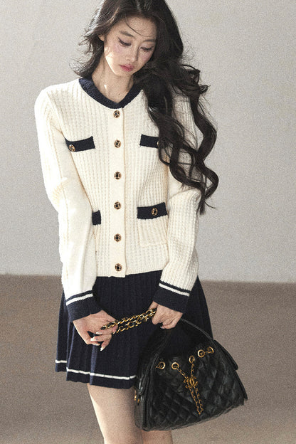 Ensemble deux pièces cardigan en tricot de laine et jupe