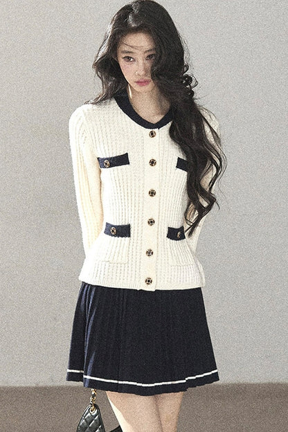 Ensemble deux pièces cardigan en tricot de laine et jupe