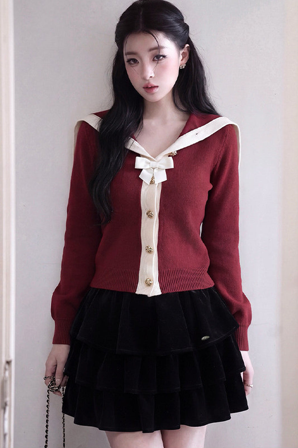 Long-Sleeved Navy Collar Bow Single-Breasted Knit Cardigan