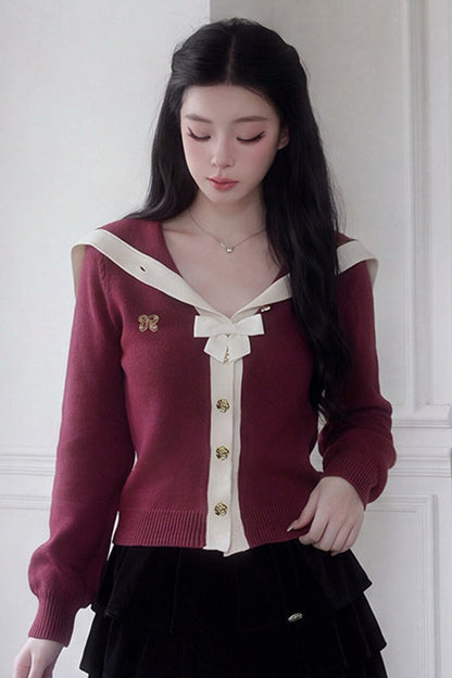 Long-Sleeved Navy Collar Bow Single-Breasted Knit Cardigan