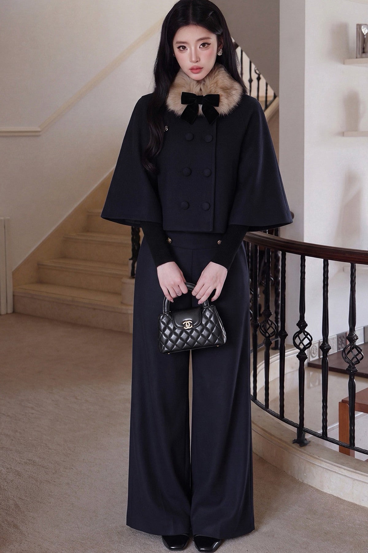 Knitted Inner Top and Bow Collar Cape Coat and Skirt Set-Up